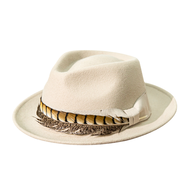 秋冬新款羊毛毡帽礼帽锥顶翘边羽毛装饰牛仔帽