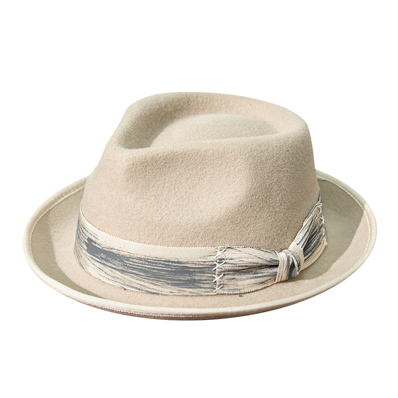 23新款羊毛毡帽礼帽锥顶翘边补丁装饰牛仔帽
