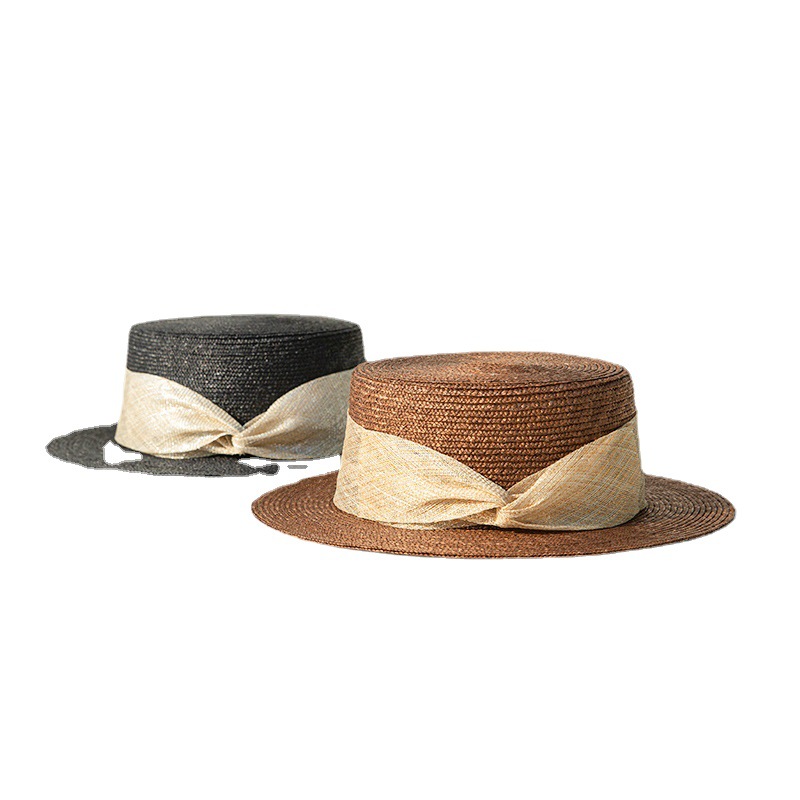 夏季防晒草帽法式复古编织平顶礼帽女遮阳帽子超细麦秆爵士帽