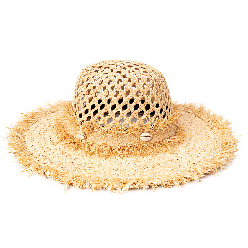 夏季草帽防晒新款遮阳帽显脸小镂空简约贝壳装饰