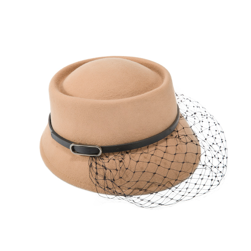 珑帽子2022新款优雅复古羊毛呢礼帽女出游逛街盆帽皮带网纱现货