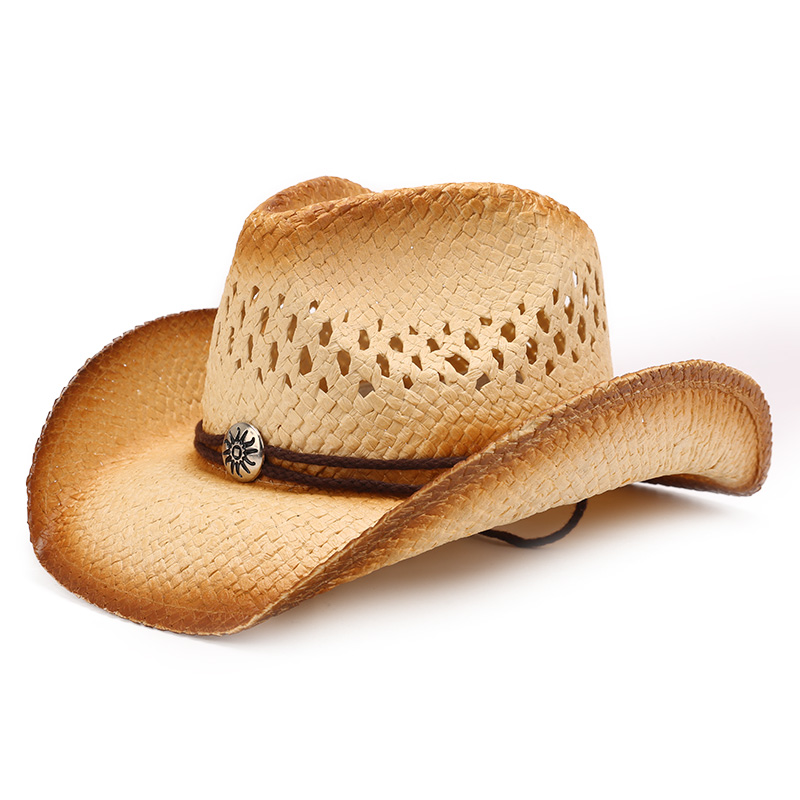 春夏新款镂空牛仔帽编织透气清凉美式礼帽西部牛仔帽男草帽