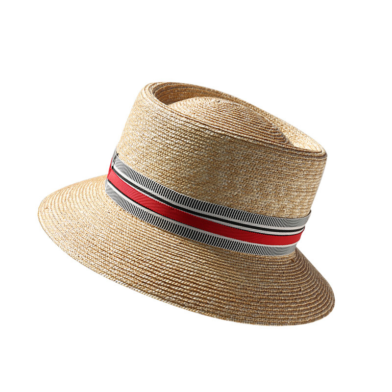 灵珑草帽女夏季海边度假遮阳帽出游沙滩帽细密麦草平顶小礼帽