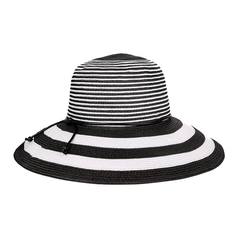 灵珑复古赫本风条纹草帽遮阳帽防晒度假海边沙滩复古文艺百搭盆帽