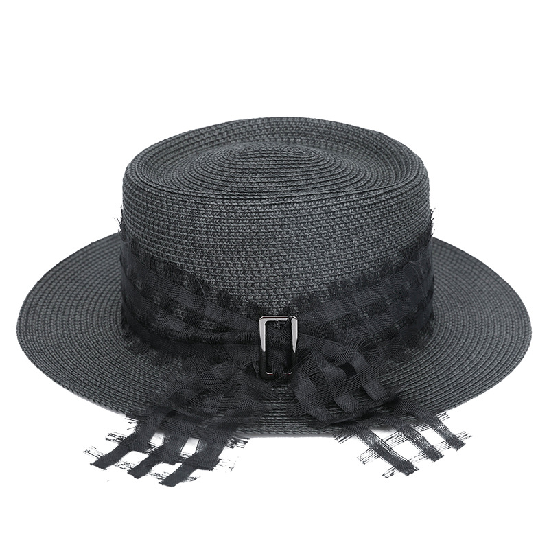 灵珑法式优雅网纱卡扣草帽英伦时尚平顶小礼帽夏季出游海边遮阳帽