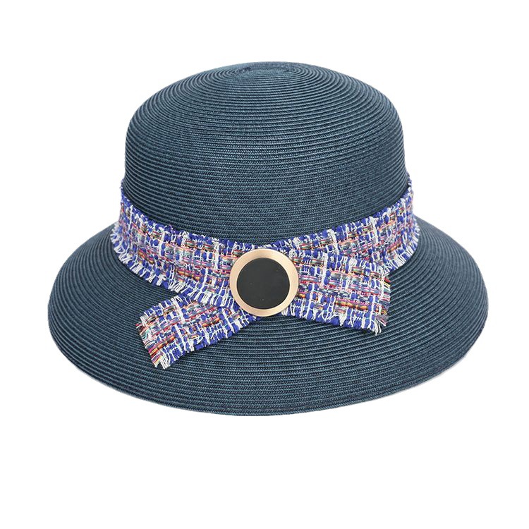灵珑 新款卡扣飘带草帽英伦时髦平顶小礼帽夏季出游海边遮阳帽
